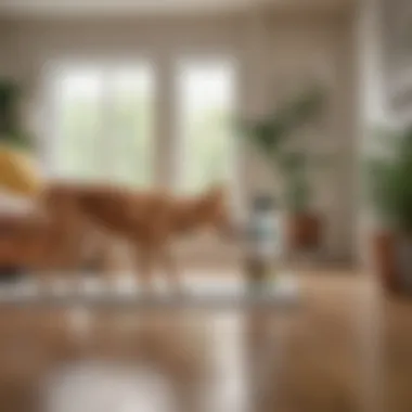 A pet owner applying deodorizer spray in a living space, ensuring a fresh and clean environment.