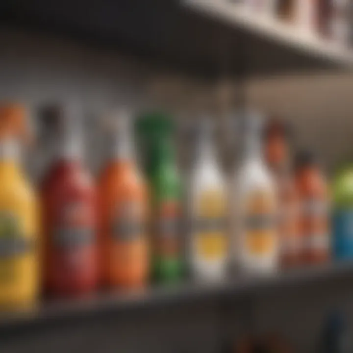 A close-up view of pet deodorizer spray bottles on a shelf, showcasing various brands and types.