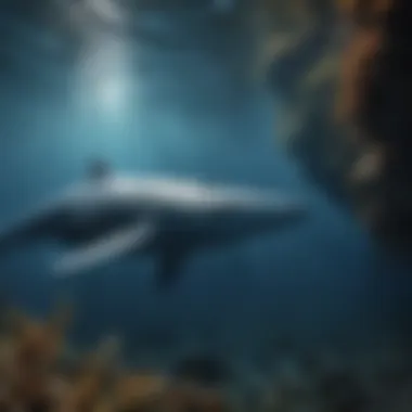 An underwater scene with a blue whale and marine life