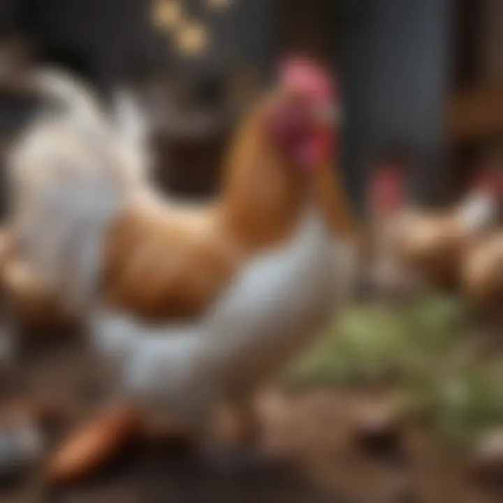 An engaging illustration of various care essentials for bantam chickens including food, shelter, and health checkup items