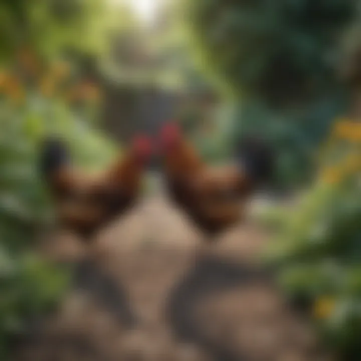 A beautifully arranged scene of bantam chickens interacting in an urban garden environment