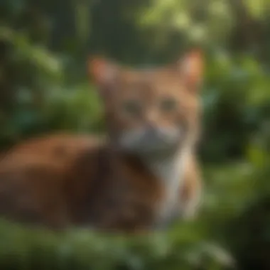 Rusty-spotted cat resting peacefully in lush greenery