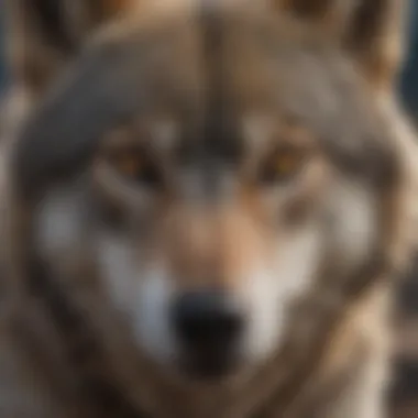 A close-up of a wolf displaying its features