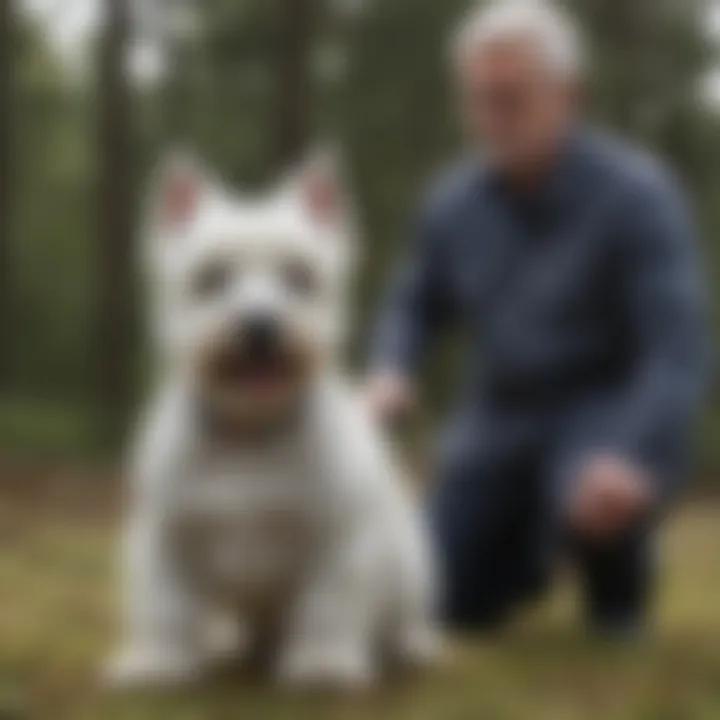 West Highland Terrier being trained by its owner