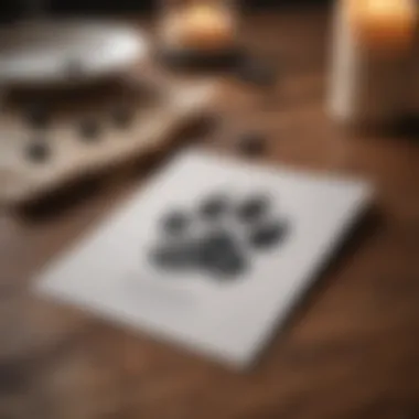 A heartfelt card resting on a table with a paw print design