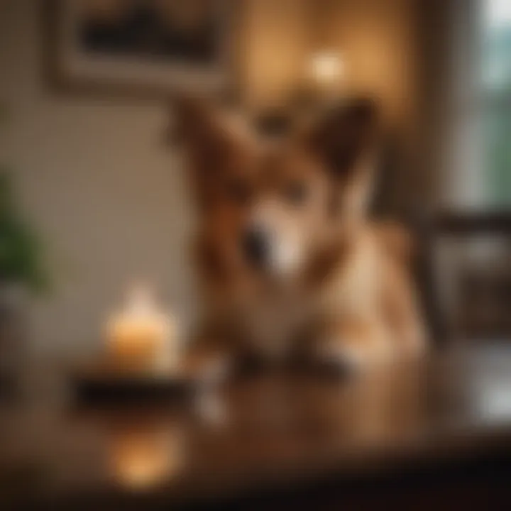 A tranquil setting with a candle and a picture frame of a dog