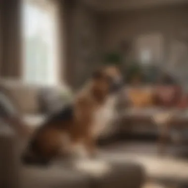 A cozy living room with furniture and a dog looking curiously at the couch.