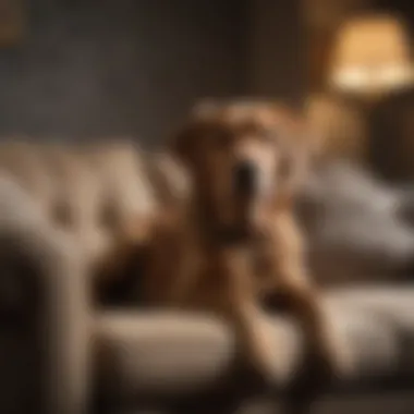 A dog sitting obediently beside a sofa, illustrating good training practices.