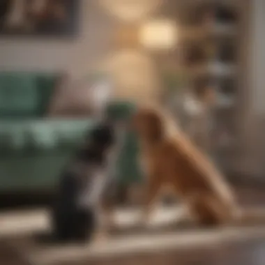 A trainer gently guiding a dog away from the furniture using positive reinforcement.