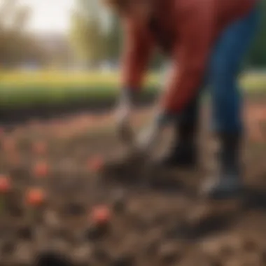 Gardener planting tulip bulbs in enriched soil