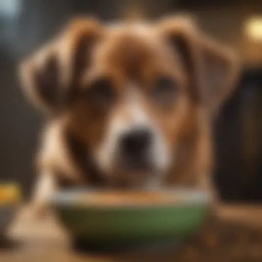 A dog looking disinterested in its food bowl