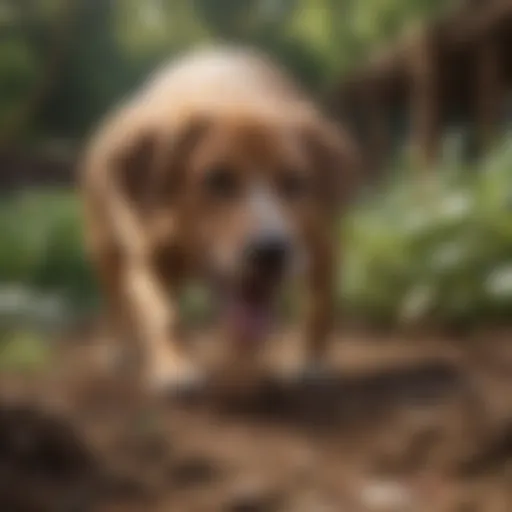 A dog digging energetically in a garden