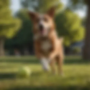 Instinctual Fetch Behavior in Dogs A dog joyfully retrieving a ball in a park setting, showcasing the instinctual behavior of fetch.