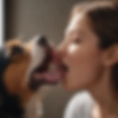 A playful dog licking its owner's face, illustrating affection.