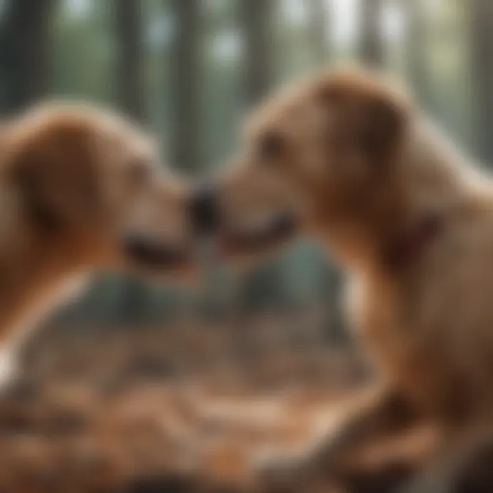 A dog interacting with another dog, demonstrating social behavior through licking.