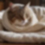 A close-up of a cat kneading a soft blanket