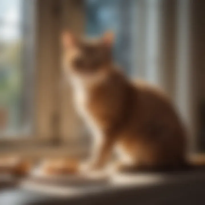 A serene scene of a cat kneading while looking out a window