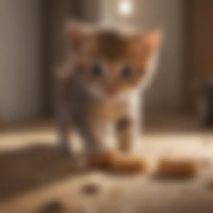 A playful kitten engaging in biscuit-making on a soft surface