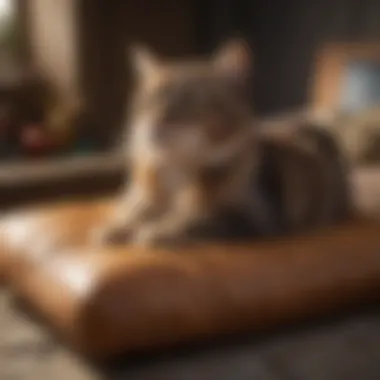 A relaxed cat with its paws in motion on a cushion