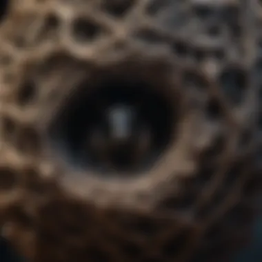 Close-up view of a black wasp nest's intricate structure