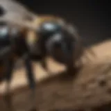 A close-up of a black wood boring bee on a wooden surface