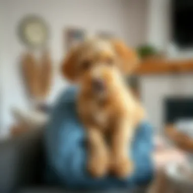 A Boxerdoodle puppy with its owner in a cozy home setting