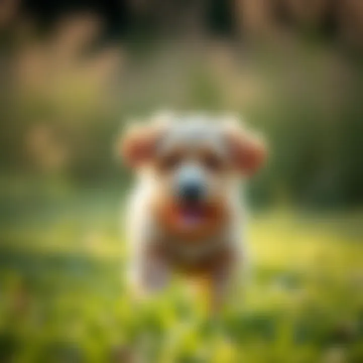 A playful Boxerdoodle puppy in a grassy field