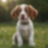 A playful Brittany Spaniel puppy in a grassy field