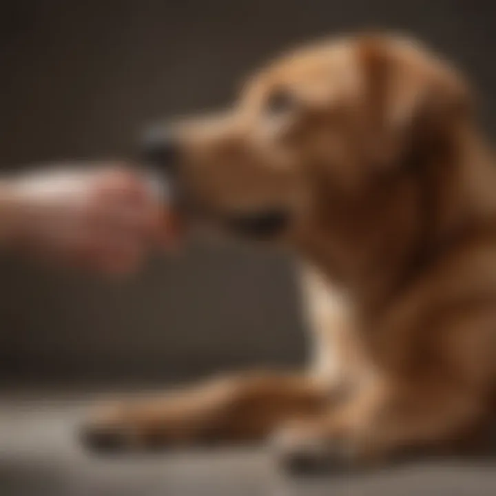 A dog looking up while placing its paw on a person's arm, indicating a plea for attention.