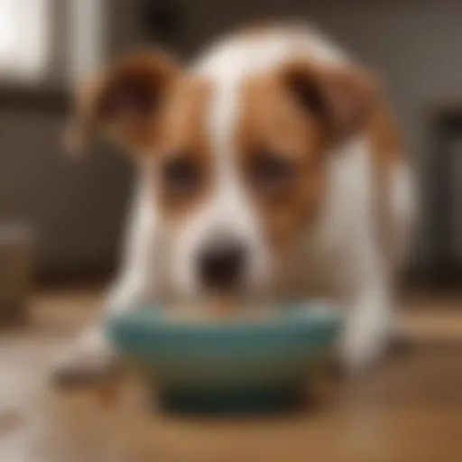 A dog looking at an empty bowl with a puzzled expression