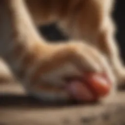 A close-up of a dog chewing on its paw