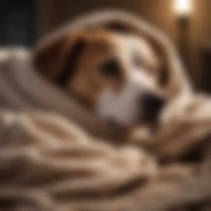 A cozy dog resting with a blanket, highlighting care during illness.