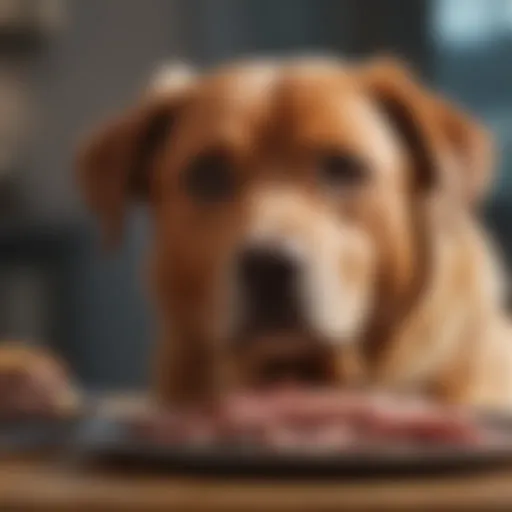 A dog eagerly enjoying a plate of cooked meat.