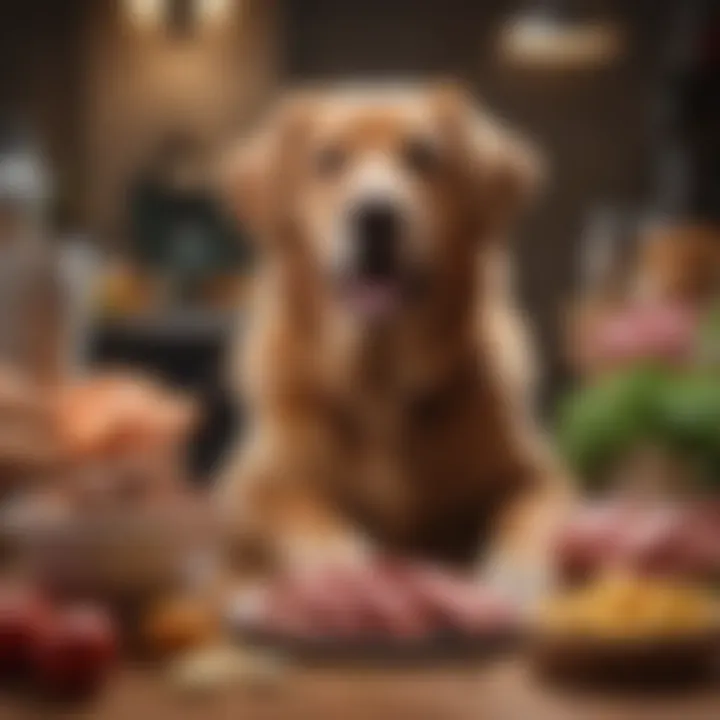 A happy dog surrounded by healthy food choices, including cooked meat.