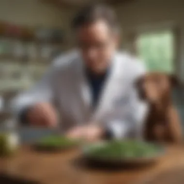 A veterinarian examining a dog's health with green beans in view