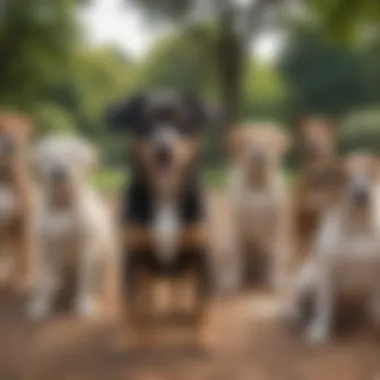 Various dog breeds standing together in a park setting