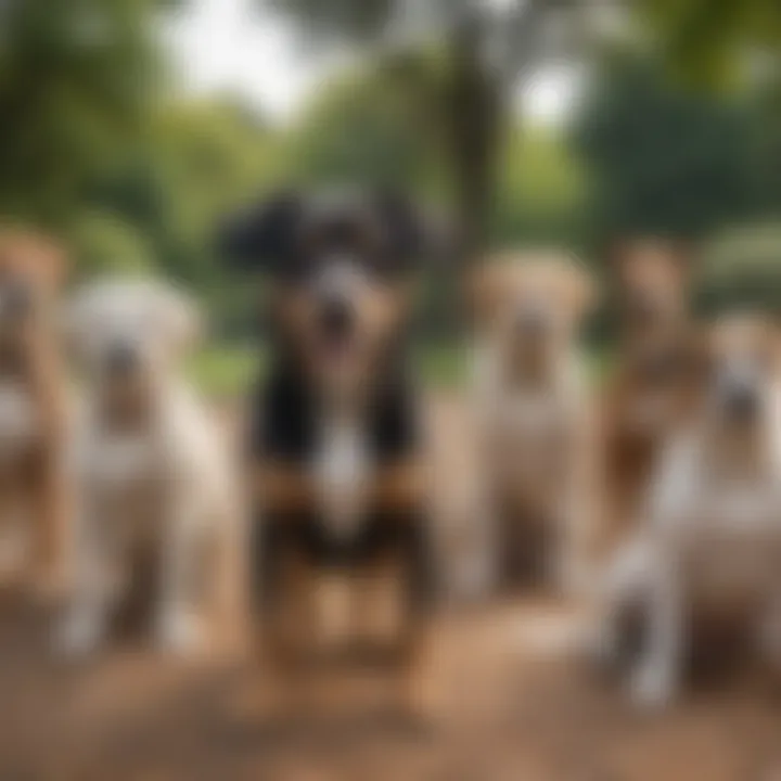 Various dog breeds standing together in a park setting