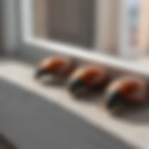 Close-up of carpet beetles resting on a window sill.