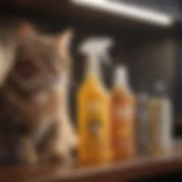 An assortment of cat urine spray cleaners on a shelf.