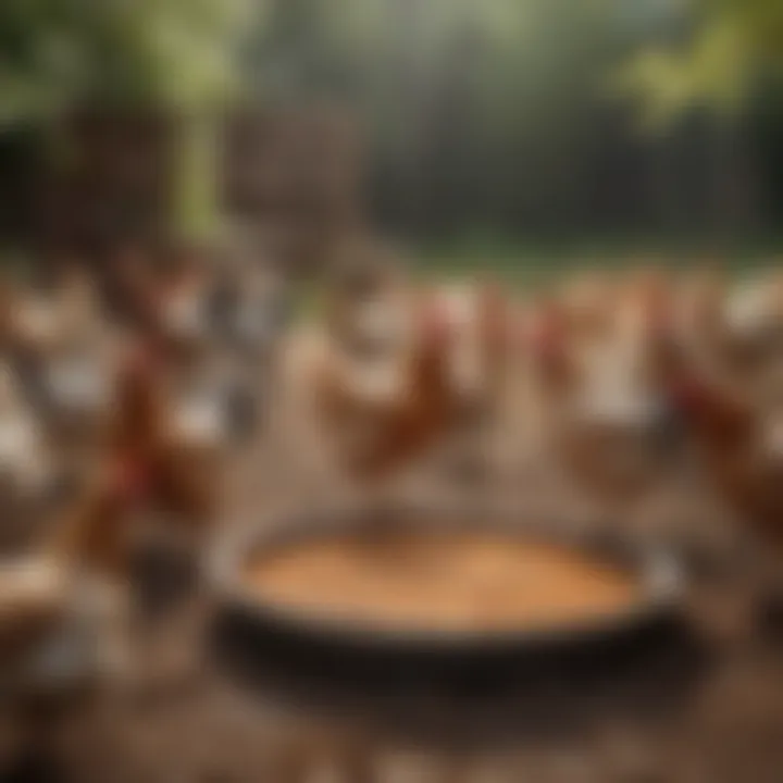 Chickens pecking at feed in a free-range setting, illustrating environmental factors.