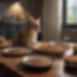 A diverse array of cat food and treats arranged on a table