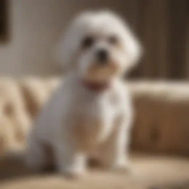 A Maltese dog sitting gracefully on a plush couch, exuding elegance and charm.