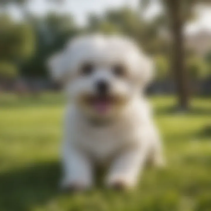 A serene park scene with a Maltese dog playing happily on the grass, showcasing its lively spirit.