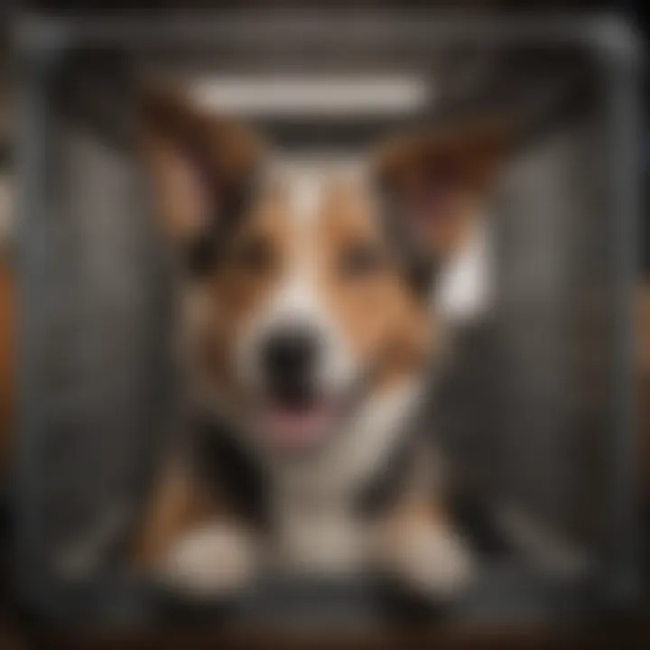 A happy dog inside a travel crate