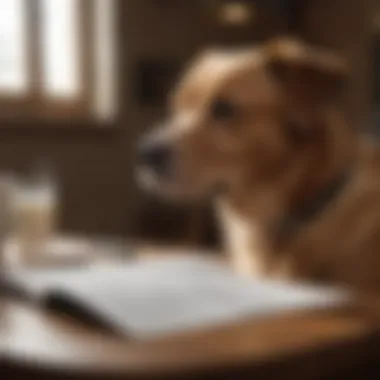 Pet Owner Insurance Review A pet owner reviewing dental insurance paperwork for their dog.