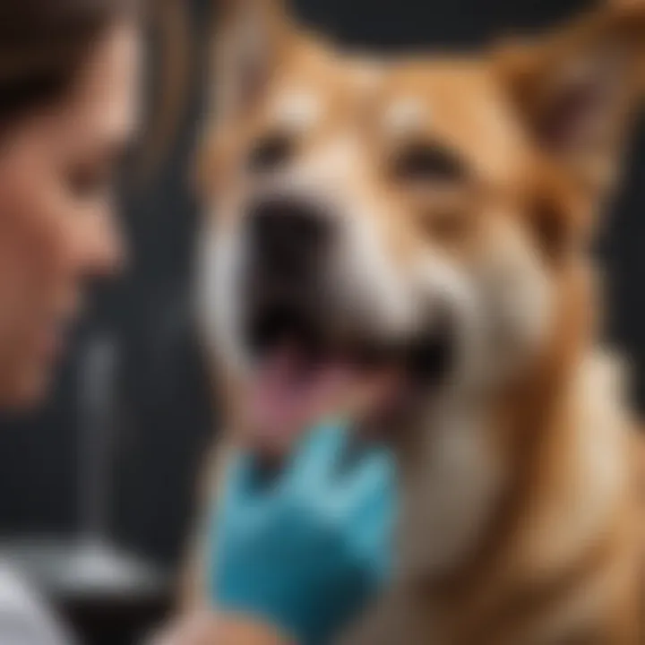 A veterinarian examining a dog's teeth during a dental check-up.