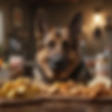 A German Shepherd surrounded by safe and healthy ingredients