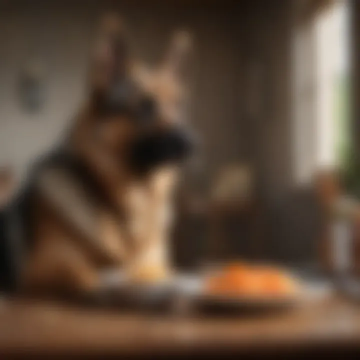 A German Shepherd looking thoughtful next to a bowl of food