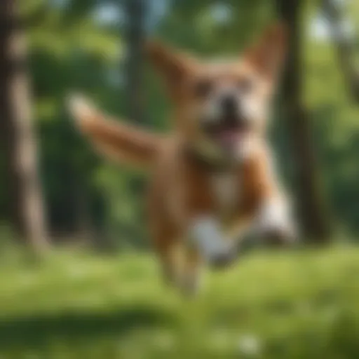 Close-up of a dog jumping playfully in a lush green park.