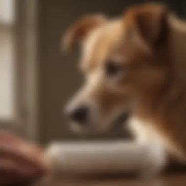 A veterinarian examining a dog with a bandaged cut